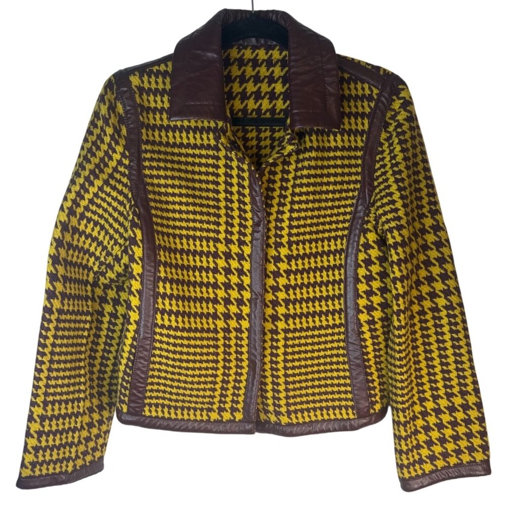 VTG PHILOSOPHY DI Wool Houndstooth Vintage Yellow & Brown Wool Jacket Faux Trim - Picture 2 of 11